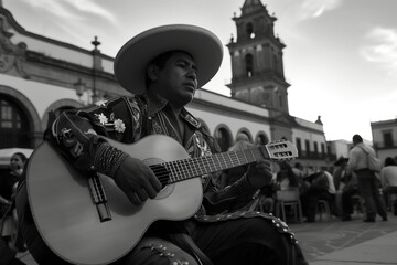 A single mariachi musician serenades a bustling market square, his guitar echoing through the air