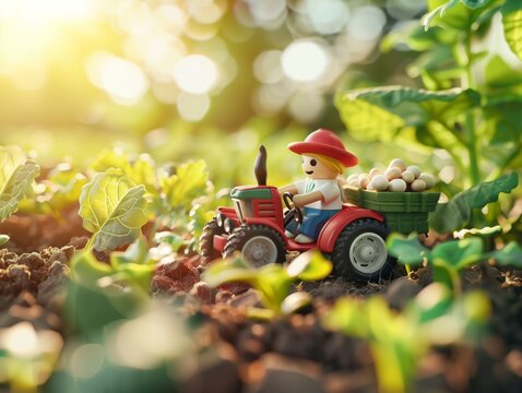 A small toy tractor is driving through a field of green plants. The tractor is carrying a basket of beans