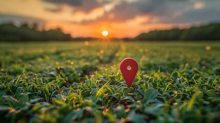 Scenic depiction of a green field and sunset with a big red pin marking a location, representing the concept of goals, dreams, endings, picnics, and victories.