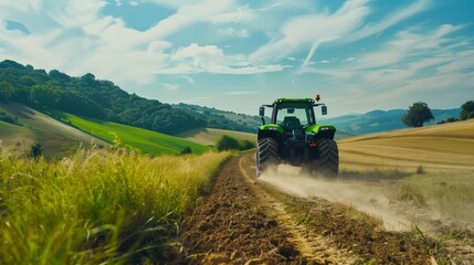 Fototapeta premium Tractor Driving on Dirt Road