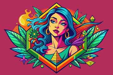isometric, print-ready vector t-shirt art a colorful graffiti illustration of a women, cannabis leaf and pocket, with very vibrant colors and high detail