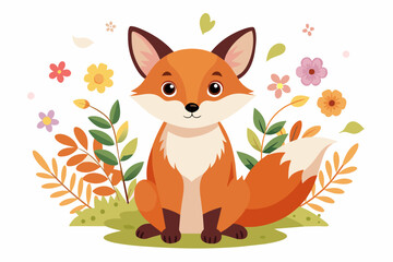 Vector, Art Escandivao, Cute Fox Front View, Flowers, White Background