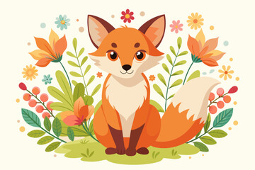 Vector, Art Escandivao, Cute Fox Front View, Flowers, White Background