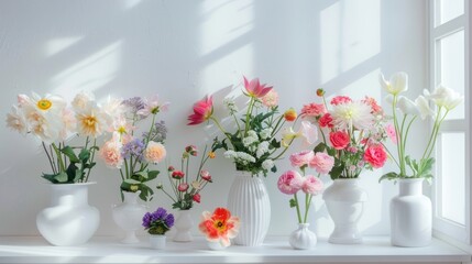 Colorful flowers in white vases on the table in white wall room background. AI generated