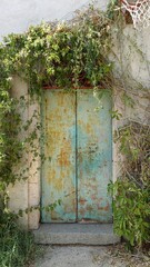 The door with metal swings of an ancient abandoned house in the countryside.