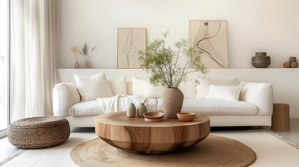 Fototapeta na wymiar Within the confines of a modern Scandinavian-inspired living room, a round wood coffee table takes center stage against the backdrop.