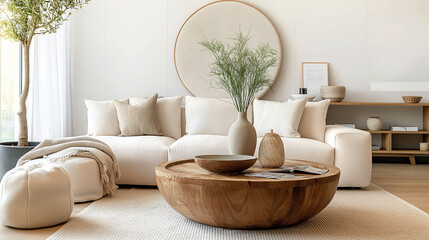 Its clean lines and minimalist design elements perfectly complementing the pristine white sofa.