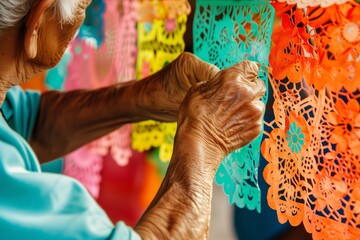 Obraz premium A weathered hand carefully folds a vibrant papel picado banner, tradition passed down
