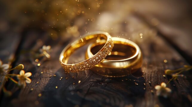 Close up of sparkling wedding gold ring symbol of love bond. Generated AI image