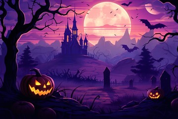a halloween scene with a castle and pumpkins - obrazy, fototapety, plakaty