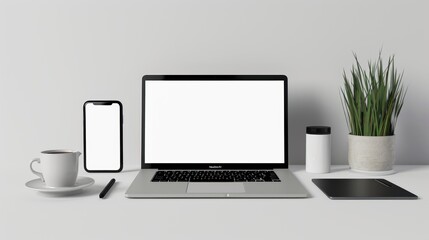 modern blank Computer screen mock up on wooden table with office display background,
