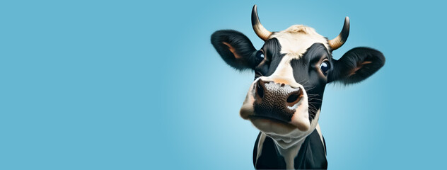 Inquisitive Young Cow on Cool Blue Background. Cow Appreciation Day.