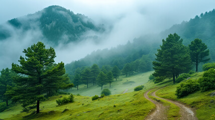 A forest with a road running through it and a mountains in the foggy background. Natural mountains and forest landscape