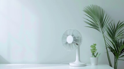 White stand electric fan on a room white wall background. AI generated image - obrazy, fototapety, plakaty