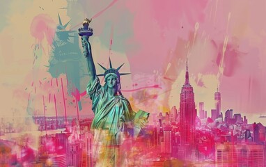 Abstract double exposure of USA flag and statue of liberty with New York City skyline in the background City skyline in the background., Isolated on pastel background Generative AI