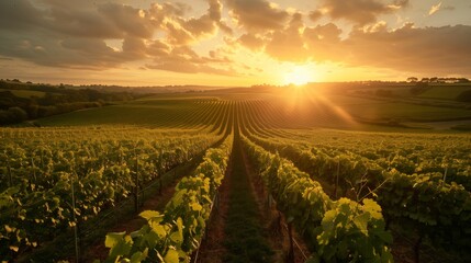 Sun Setting Over Vineyard