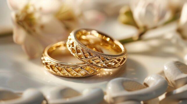 Close up of sparkling wedding gold ring symbol of love bond. Generated AI image