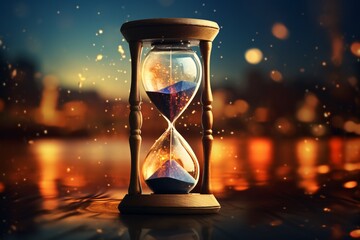 a sand clock with lights and sparks - obrazy, fototapety, plakaty