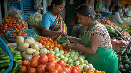 In a bustling marketplace, two women stand at their vegetable stand, one of them wearing a green...