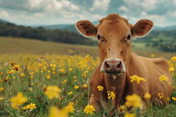 Gentle Brown Cow Amongst Vibrant Yellow Wildflowers - obrazy, fototapety, plakaty