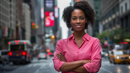 Fototapeta premium Against the backdrop of a bustling urban environment, a young executive woman stands tall and self-assured