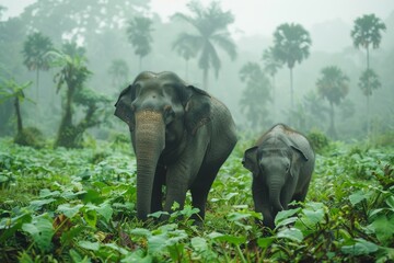 Fototapeta premium Asian Elephants in Misty Jungle Clearing