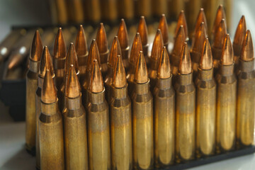 Close-up of ammunition for an assault rifle. Small-caliber ammunition for small arms.