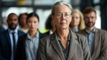  Set against the backdrop of a bustling corporate office, a mature businesswoman stands amidst her colleagues.