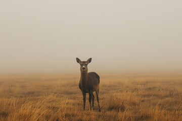 Lone Deer in Misty Golden Field at Dawn