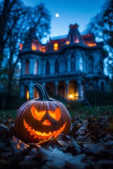 Carved glowing pumpkin in front of spooky haunted house, shallow depth of field