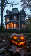Carved glowing pumpkin in front of spooky haunted house, shallow depth of field
