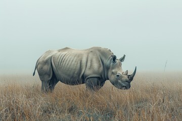Lone Rhinoceros Roaming Misty Savannah Grassland - Powered by Adobe