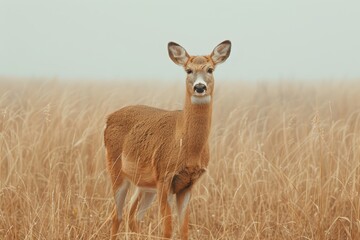 Obraz premium Graceful Doe Gazing in Misty Golden Field