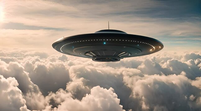 The UFO hovers silently in the sky, a mysterious craft defying the laws of physics. Its metallic hull gleams in the sunlight as it maneuvers with unearthly precision. 