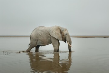Solitary Elephant Wading in Shallow Waters