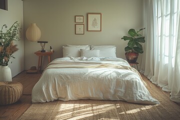 Fototapeta premium Sun-Kissed Bedroom with Comfortable White Bedding