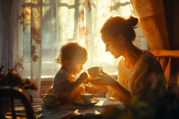 Craft a cozy scene with a mother and child sharing tea or coffee, soft sunlight through a window