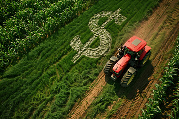 Tractor Plowing Field With Dollar Sign Crop Design