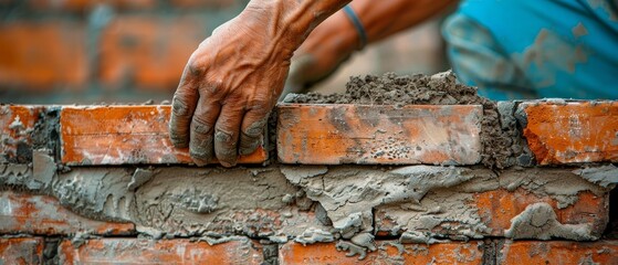 Close-up of a skilled bricklayer's hand applying mortar in a precise motion for bricklaying, showcasing construction expertise. - obrazy, fototapety, plakaty