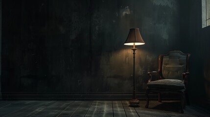 Creepy dark room with a lamp in the corner, rustic old chair in another corner