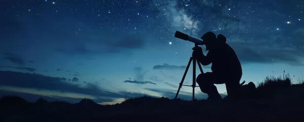 Silhouette of an amateur astronomer using a telescope to explore the starry night sky. Concept of...
