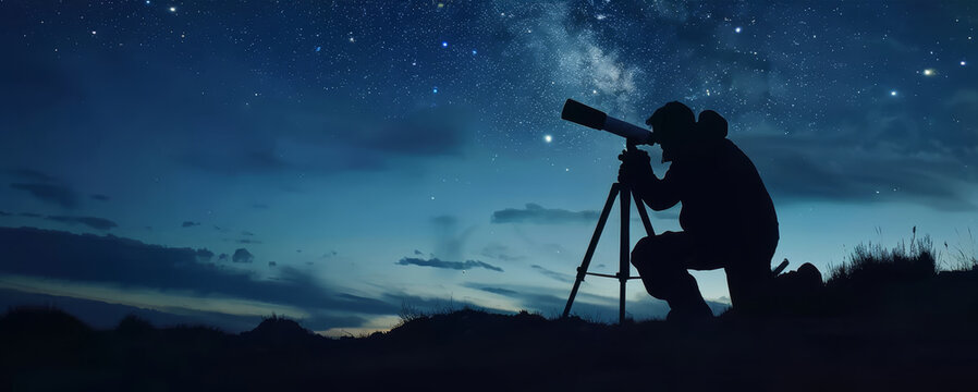 Silhouette of an amateur astronomer using a telescope to explore the starry night sky. Concept of discovery, astronomy, and science.