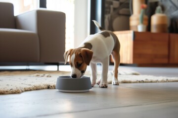 Dog dining from a gray bowl, puppy eating at home, modern interior