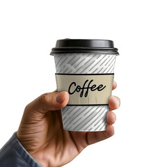 Hand holding takeaway paper coffee cup, hold up an empty coffee in plastic cup on isolated, alpha, transparent, background png