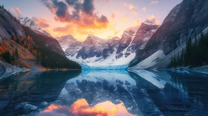 Zelfklevend Fotobehang Reflectie A majestic mountain landscape at sunset, snow-capped peaks, a crystal-clear lake reflecting the vibrant sky, serene nature. Resplendent.