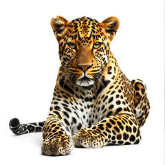 A majestic leopard with a sharp gaze lies down gracefully, showcasing its stunning spots and powerful build on a clean white backdrop