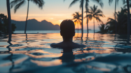 As twilight descends, a person finds solace in the calming embrace of a swimming pool, surrounded by swaying palm trees.