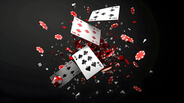 An action-packed image capturing playing cards and casino chips exploding in a dynamic scatter against a dark background
