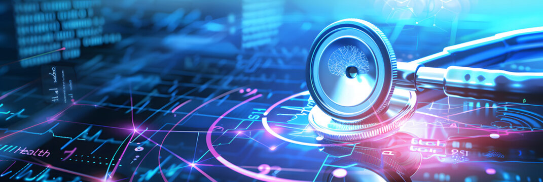 An abstract image showcasing a stethoscope on a digital interface with glowing circuits, symbolizing healthcare data security and technological advancements - Powered by Adobe
