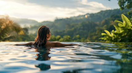 In the midst of a tranquil retreat, a young woman enjoys a leisurely swim in a resort pool, surrounded by lush mountain vistas. 